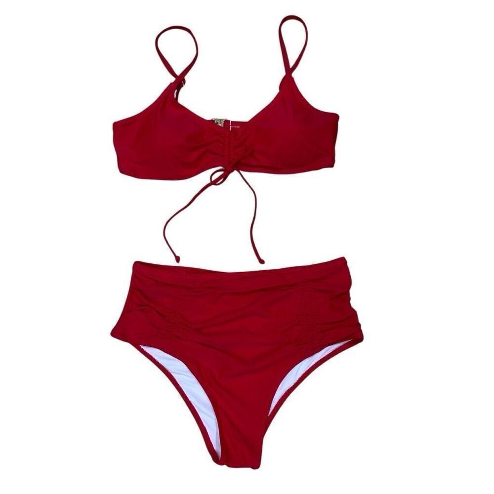 NWT BeautyIn 2Pc Bikini Swimsuit Set Women's XL Red High Waisted Drawstring Top
